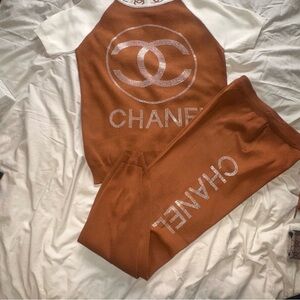 Fashion 2 pc Women's Tan Pants & Jumpsuit Set with bling Designer look